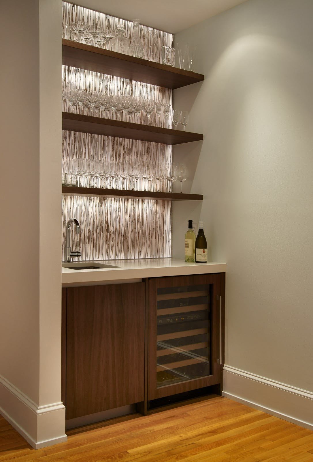 Walnut wet bar with wine storage